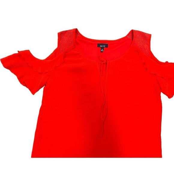 Alyx Cold Shoulder Crepe  Blouse, Red, size 0X, Layered, Ruffled, Chemical Lace - Picture 14 of 14